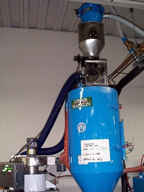 P5 Mini-DeDuster® Assembly mounted on a dryer, including inlet hopper and inlet flow control slide