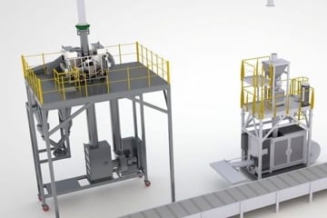 A mobile DeDuster (left) below a silo and next to it a bagging plant which is placed below another silo.
